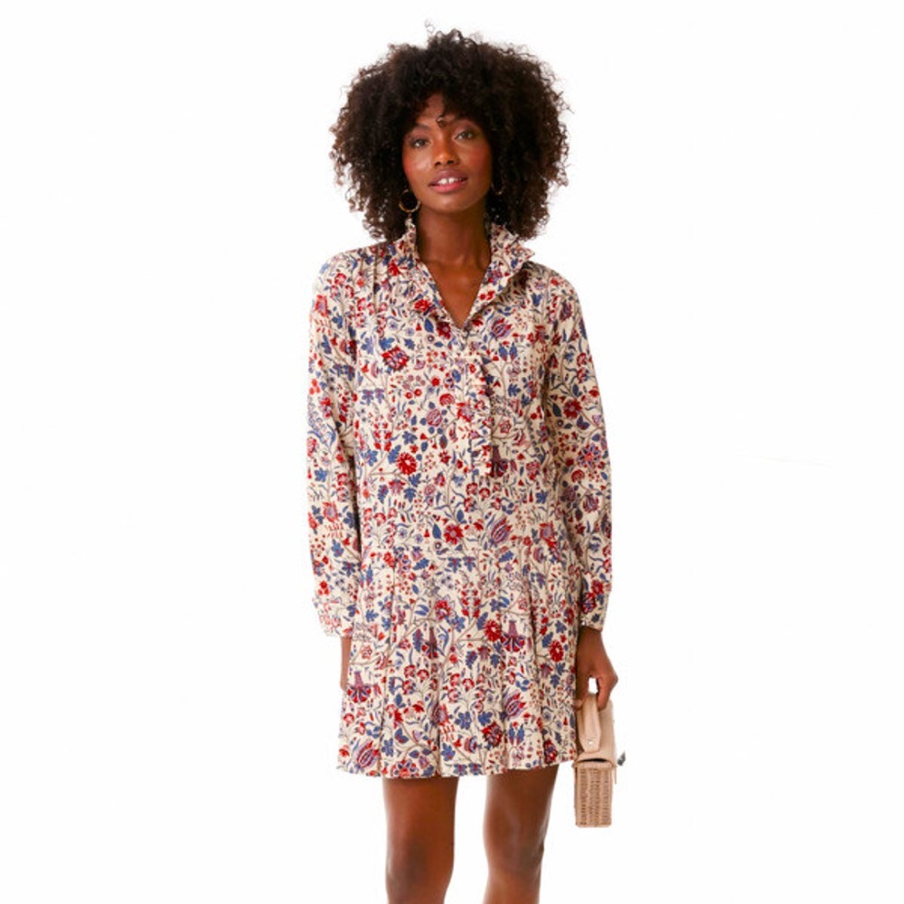 Tuckernuck Cream Floral Long-Sleeve Tie-Neck Dress